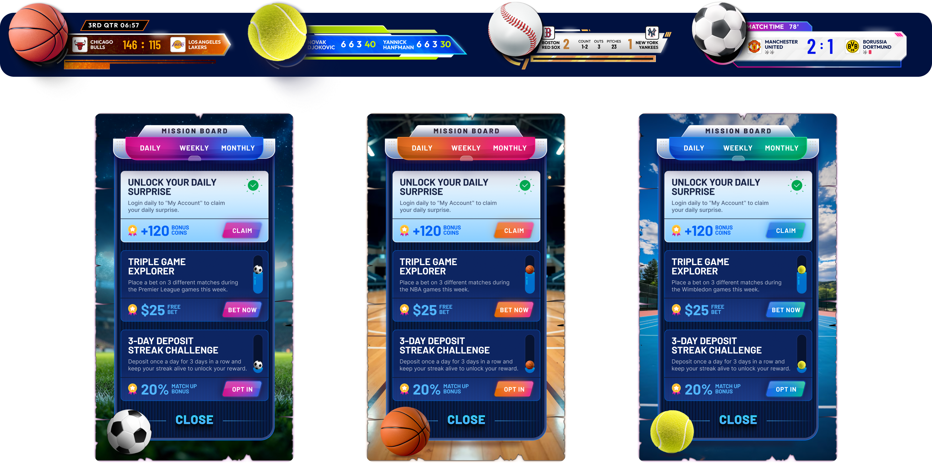 Sports mission boards for football, basketball and tennis with live score widgets