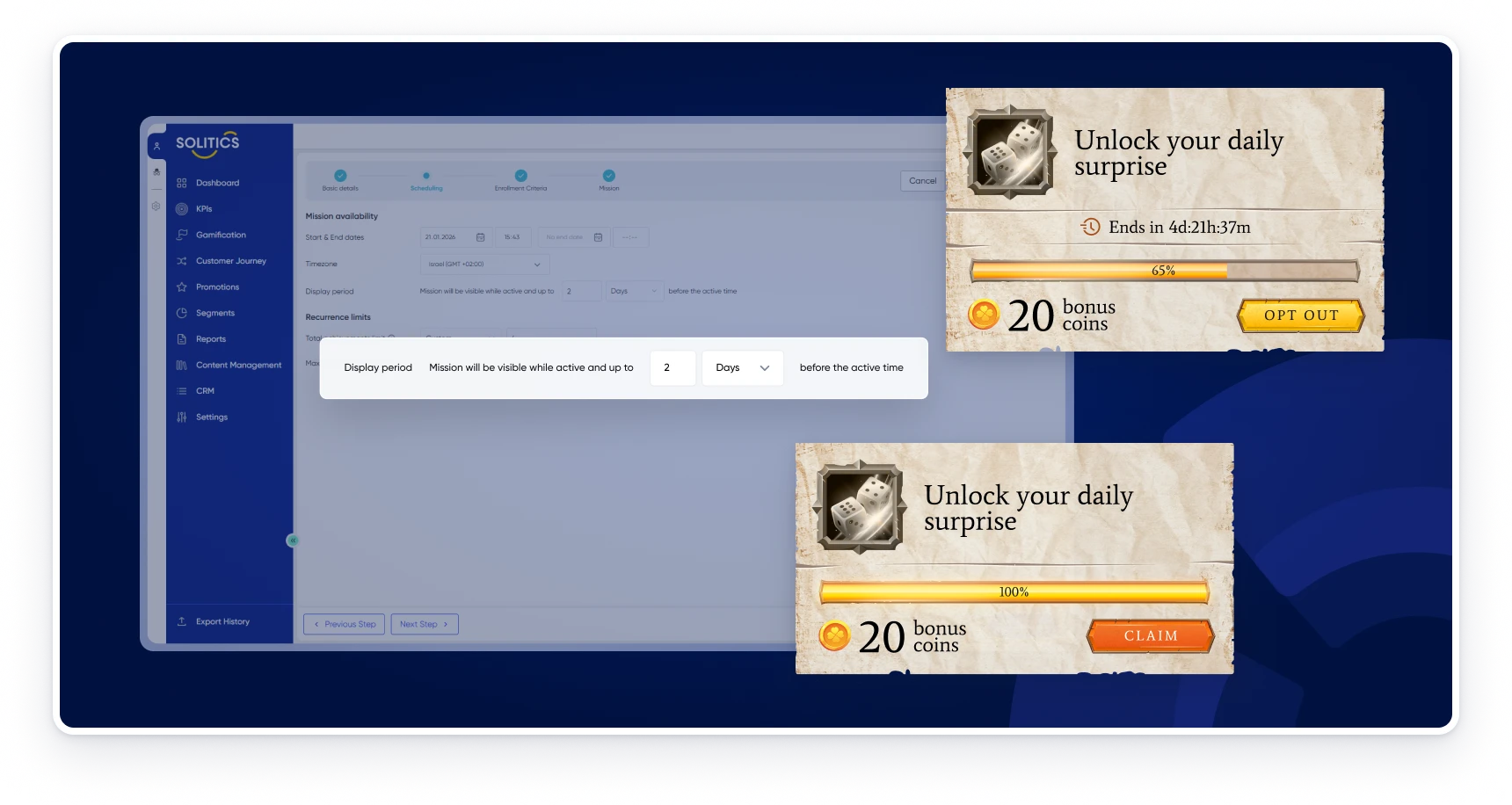 Mission display period setting with mission cards before and after completion