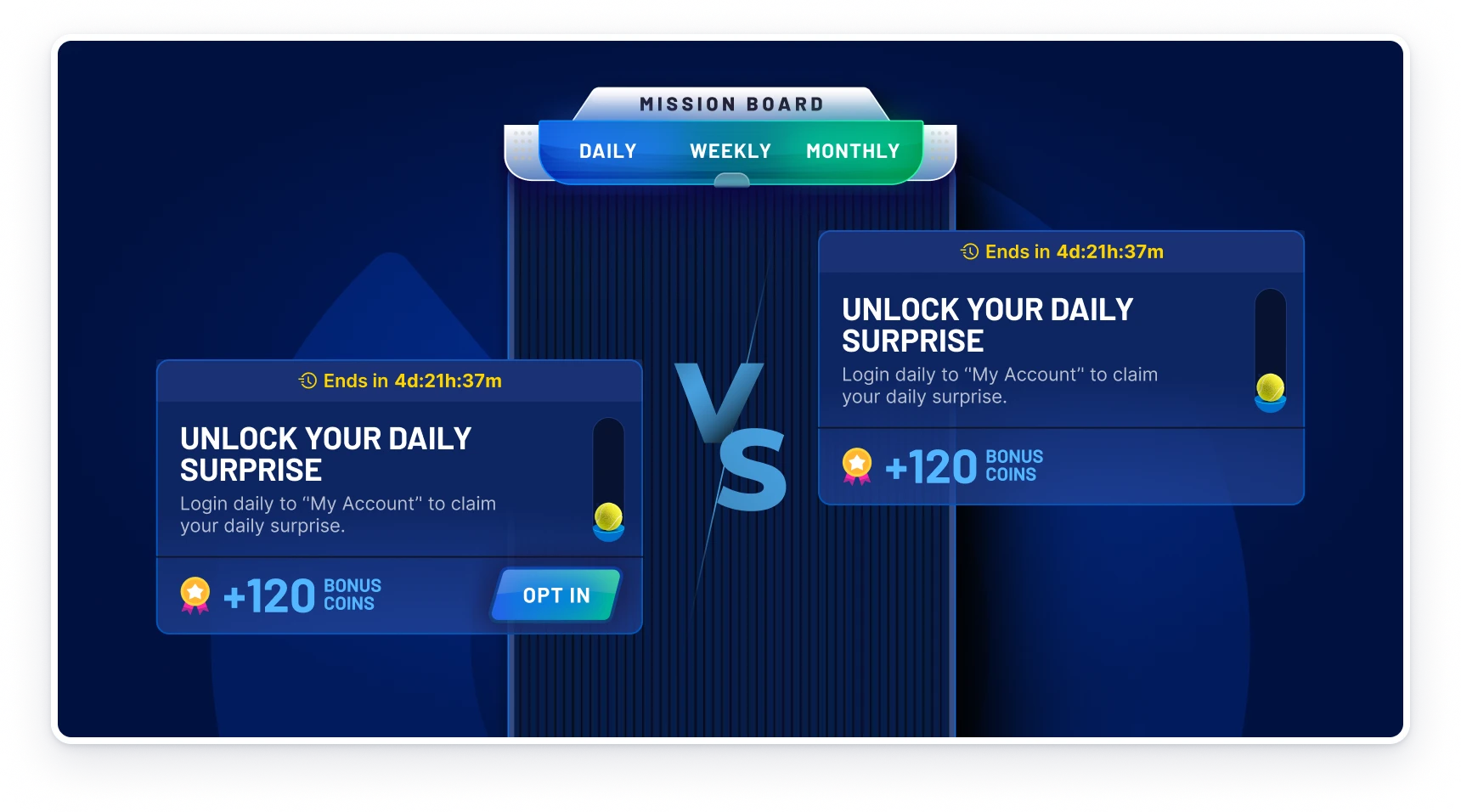 Mission card with an opt-in button next to an auto opt-in mission card