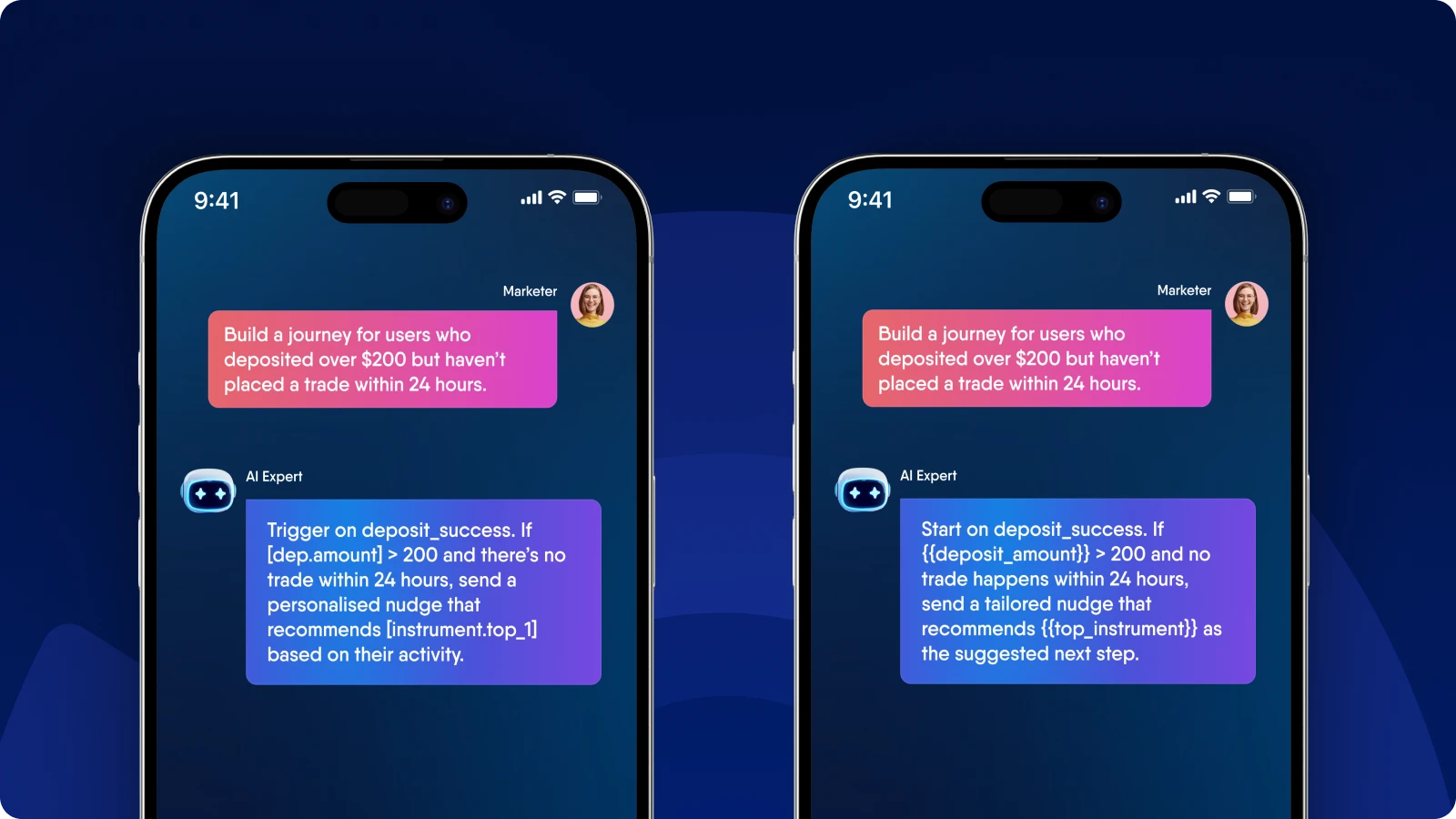 Saai using the brand's real data placeholders in a journey recommendation