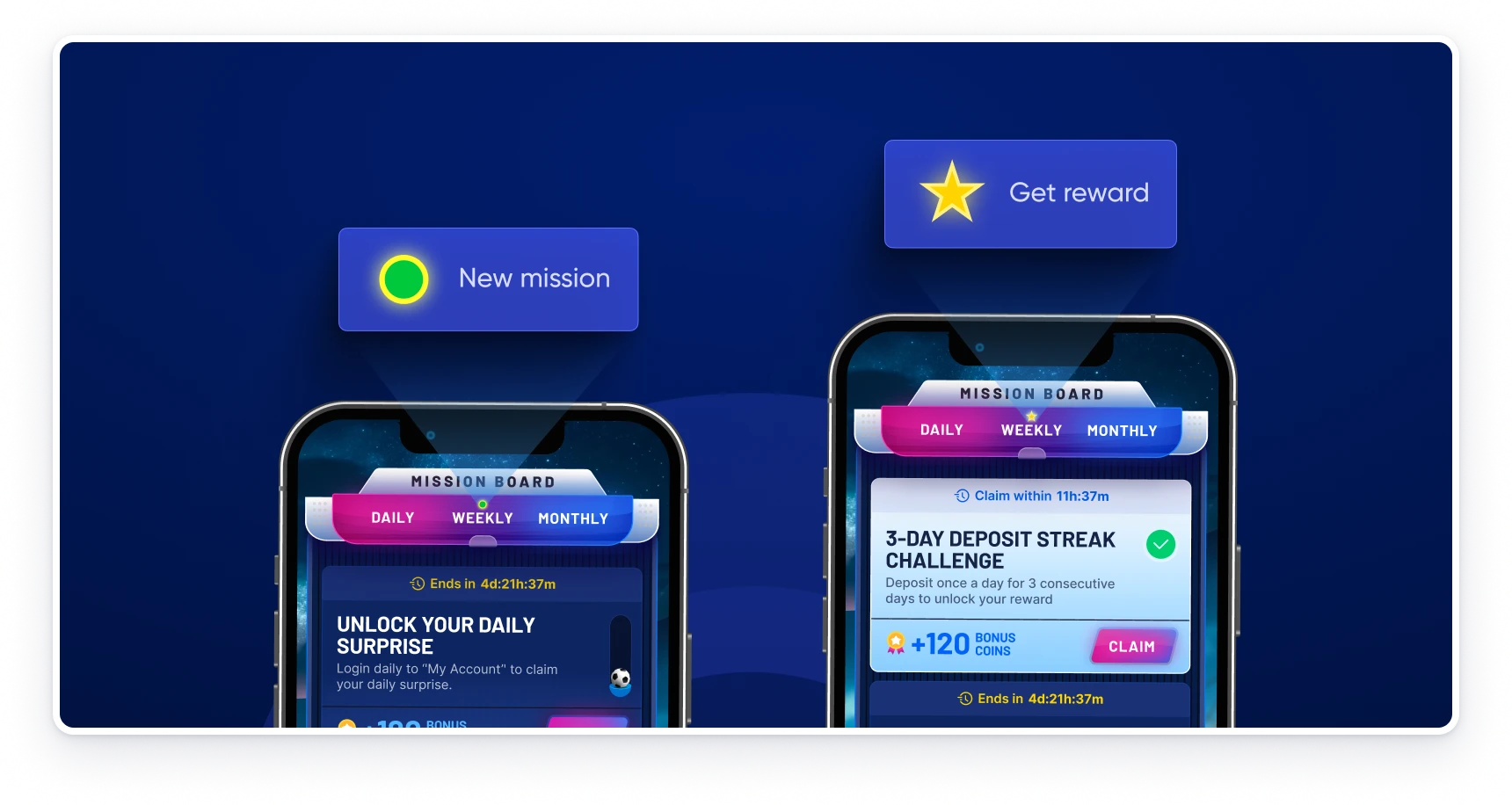 Mission board entry points showing New mission and Get reward indicators