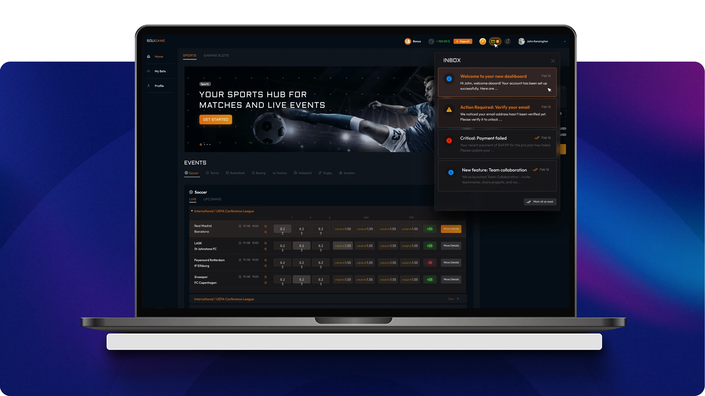 Inbox messaging panel open on a sportsbook website