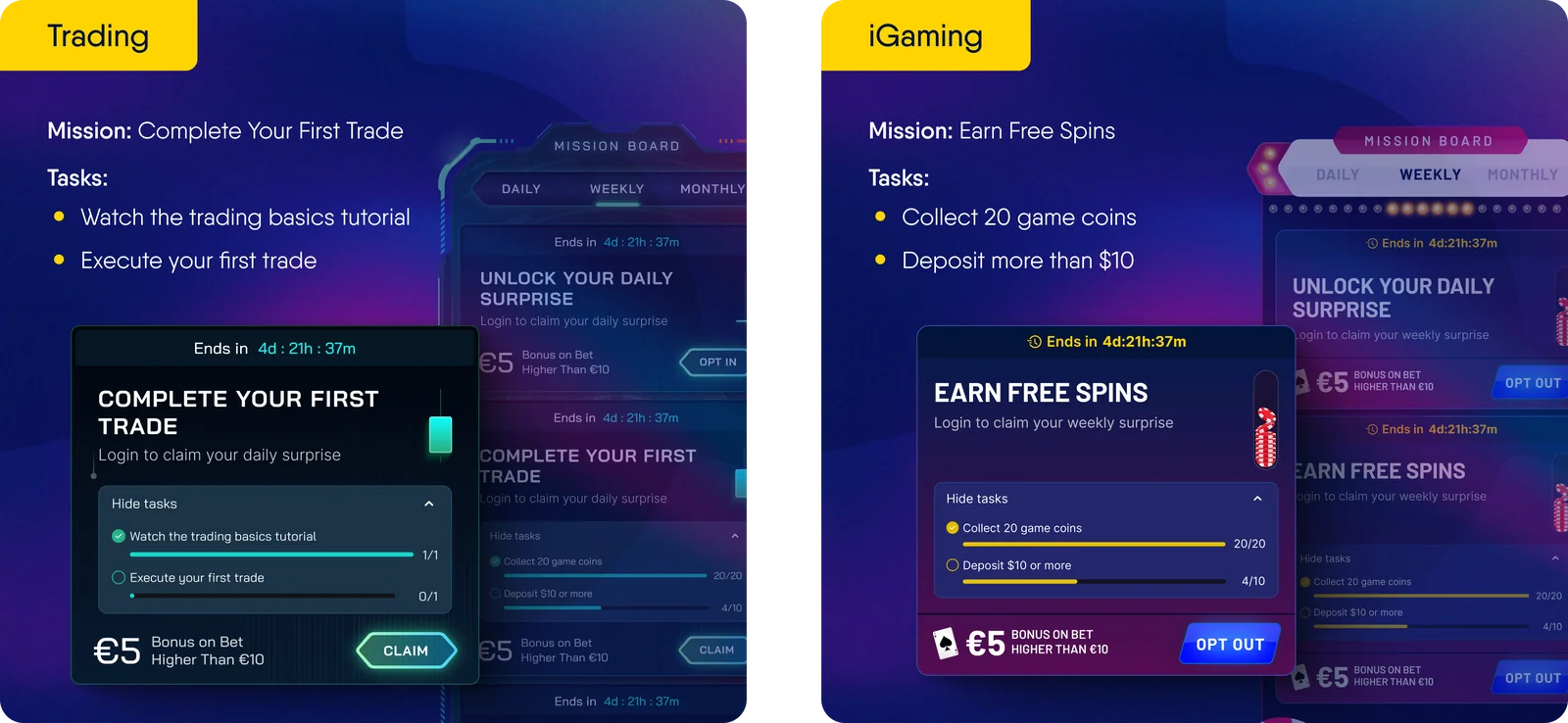 Multi-Task Missions examples: Trading and iGaming